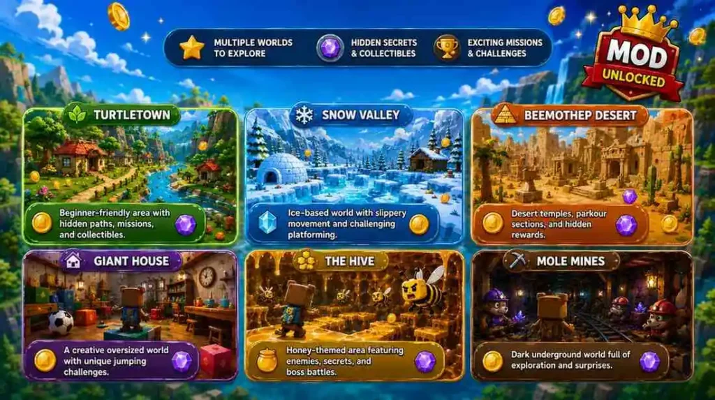 Super Bear Adventure MOD APK 5 Super Bear Adventure character exploring colorful worlds, hidden areas, and exciting levels with smooth gameplay.
