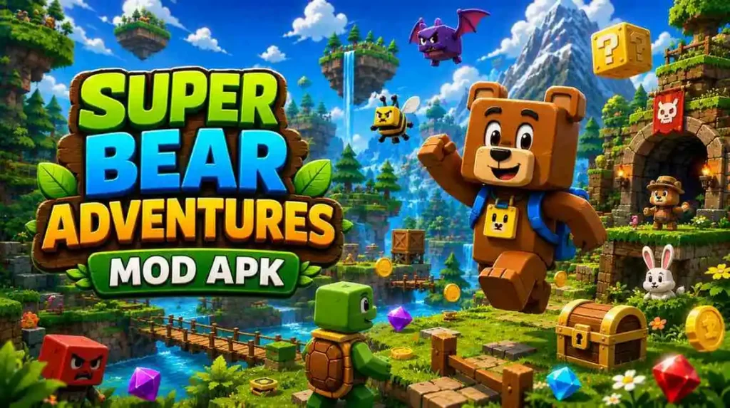 Super Bear Adventure MOD APK 2 What is Super Bear Adventure MOD APK? Game screenshot with the bear character in a colorful adventure world